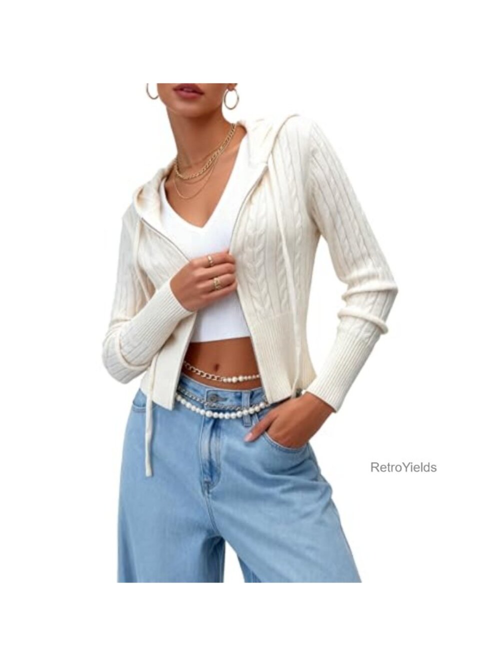 Cropped Zip Up Cable Knit Cardigan Hoodie Women's Lightweight Y2K